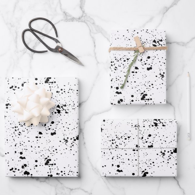 Black Paint Splatter Pattern Wrapping Paper Sheets (Front)