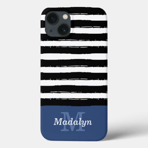 Black Paint Stripes Pattern with Navy Monogram Cas iPhone 13 Case