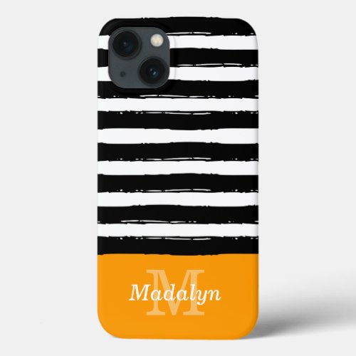 Black Paint Stripes Pattern with Orange Monogram C iPhone 13 Case