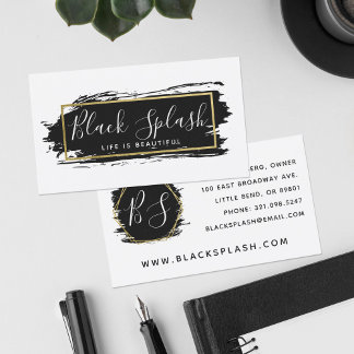 Black Paint Stroke & Modern Gold Geometric Chic Business Card