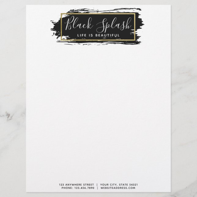 Black Paint Stroke & Modern Gold Geometric Chic Letterhead (Front)