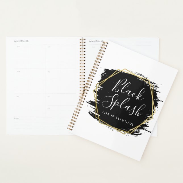 Black Paint Stroke & Modern Gold Geometric Chic Planner (Display)
