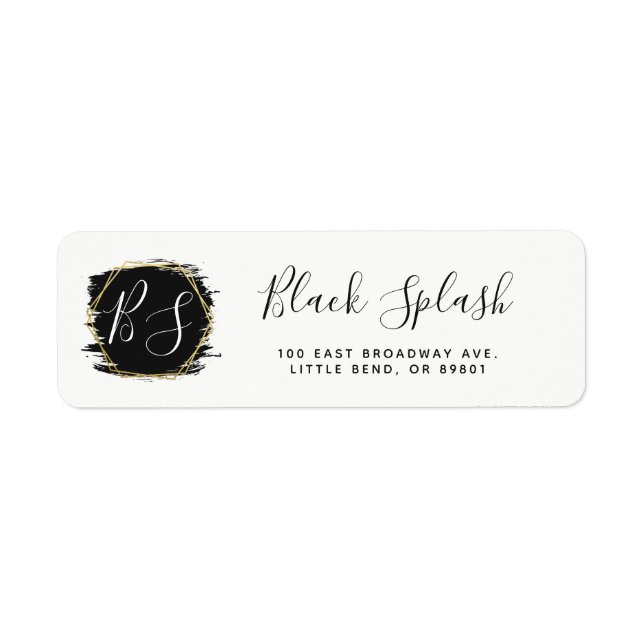 Black Paint Stroke & Modern Gold Return Address Label (Front)