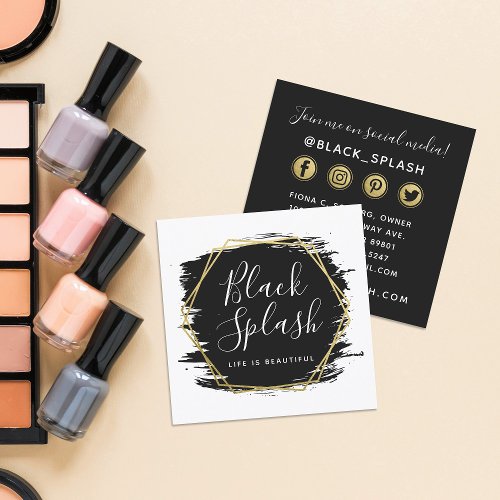 Black Paint Stroke  Modern Gold Social Networking Square Business Card