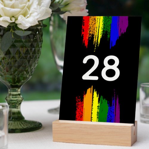 Black Paint Strokes Pride Flag LGBT Wedding Table Number