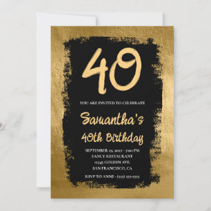 Black Painted Gold 40th Birthday Invitation