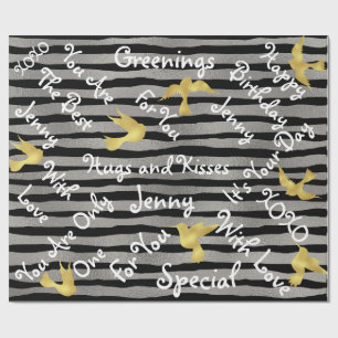 Black Painted Silver Stripes Golden Birds Wrapping Paper