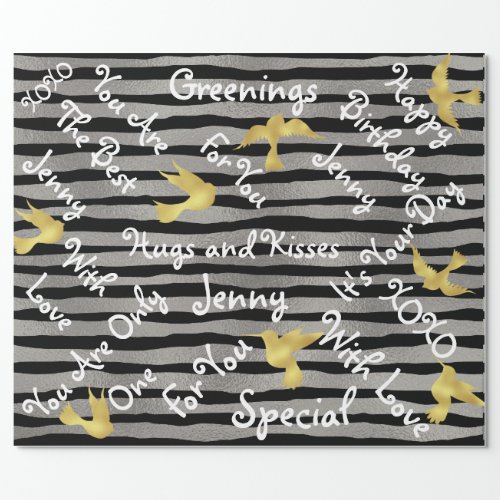 Black Painted Silver Stripes Golden Birds Wrapping Paper