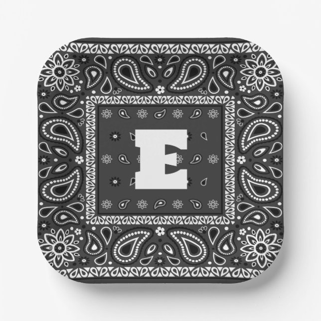Black Paisley Bandana Birthday Hip Hop Rap Scarf Paper Plates (Front)