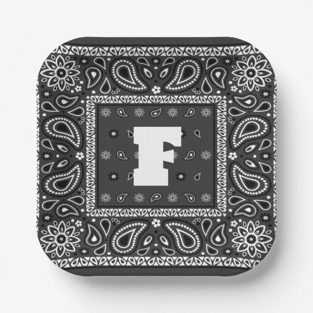 Black Paisley Bandana Birthday Hip Hop Rap Scarf Paper Plates (Front)