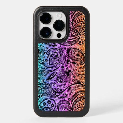 Black Paisley  Colorful Faux Glitter Texture OtterBox iPhone 14 Pro Case