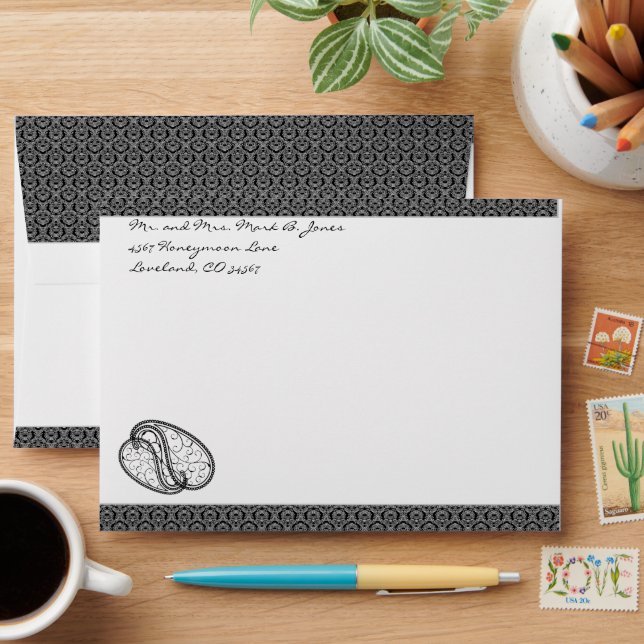 Black Paisley DamaskWedding Envelopes (Desk)