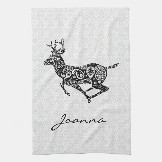 Black Paisley Deer Kitchen Towel (Vertical)