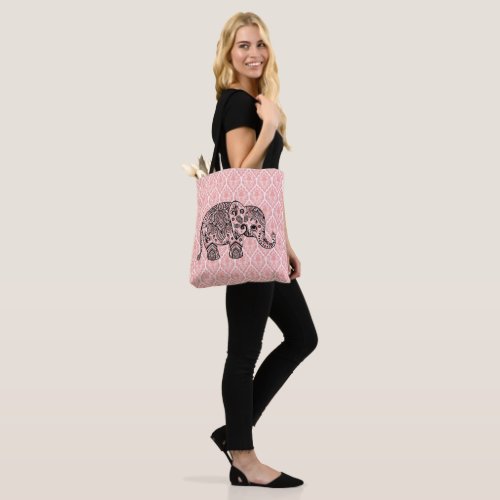 Black Paisley Elephant On Pink Damasks Tote Bag