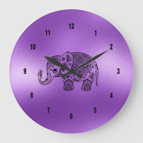 Black Paisley Elephant Shiny Purple Background Large Clock