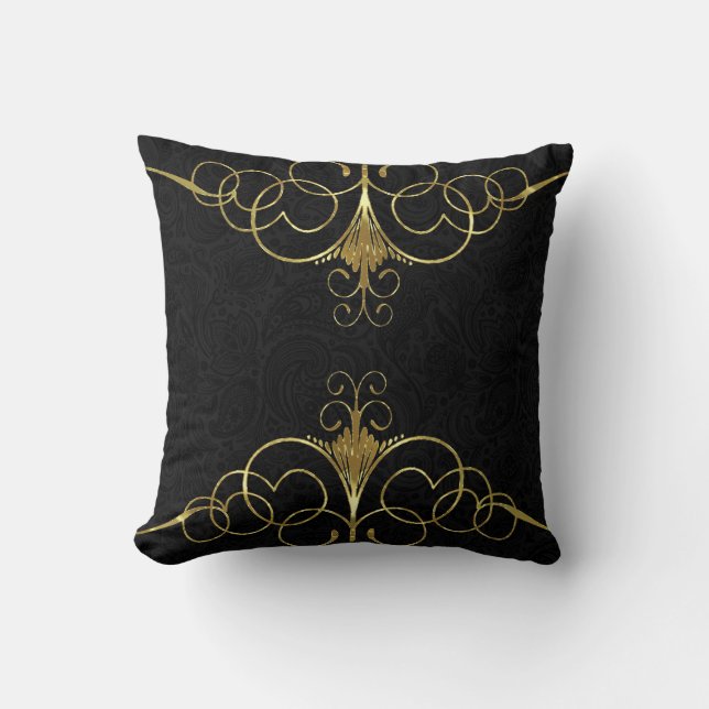 Black paisley & gold swirly frame throw pillow (Front)