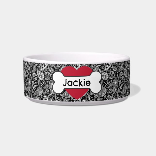 Black Paisley Heart Bone Medium Pet Bowl (Front)