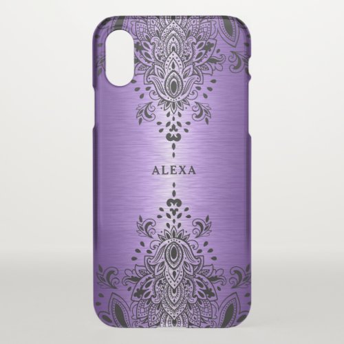 Black paisley lace 2 on metallic purple background iPhone XS case