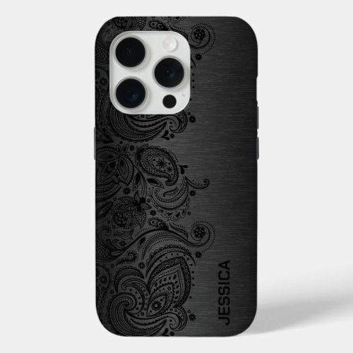 Black paisley lace Gray metallic background iPhone 15 Pro Case