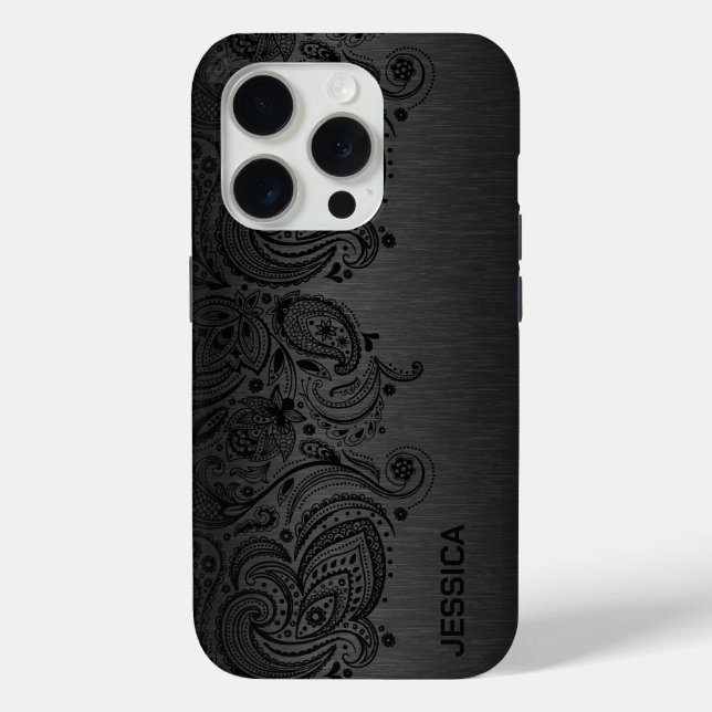Black paisley lace Gray metallic background Case-Mate iPhone Case (Back)