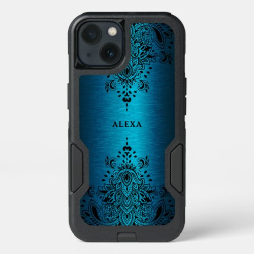 Black paisley lace metallic blue background iPhone 13 case