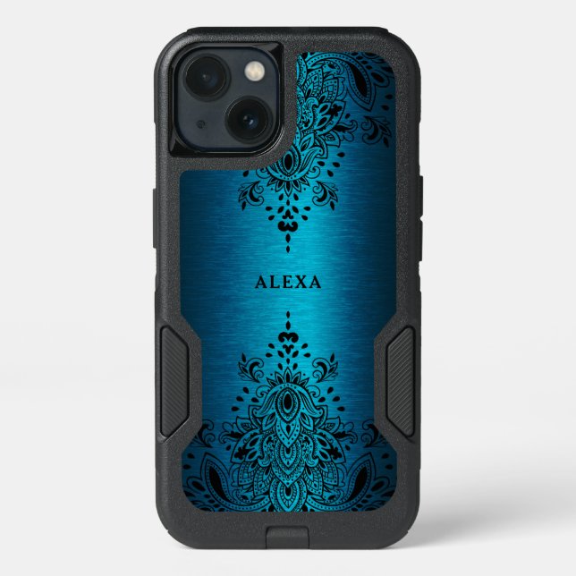 Black paisley lace metallic blue background otterbox iPhone case (Back)