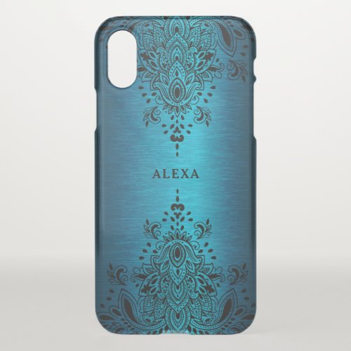 Black paisley lace metallic blue background iPhone XS case