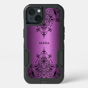 Black paisley lace metallic deep-pink background iPhone 13 case