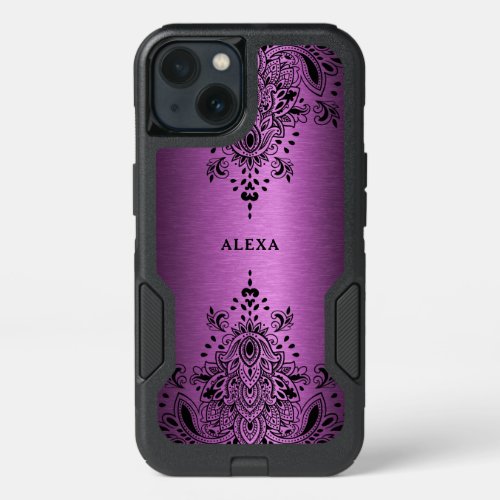 Black paisley lace metallic deep_pink background iPhone 13 case