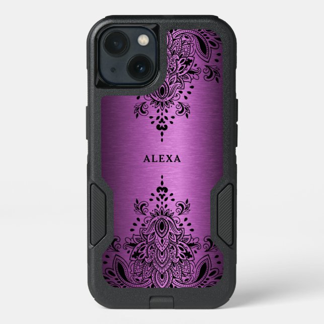 Black paisley lace metallic deep-pink background otterbox iPhone case (Back)