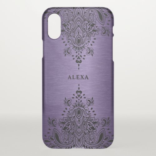 Black paisley lace metallic purple background iPhone XS case