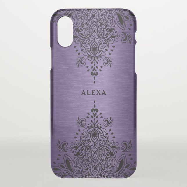 Black paisley lace metallic purple background uncommon iPhone case (Back)