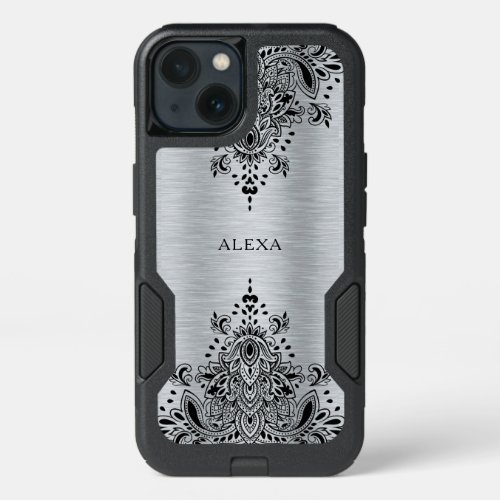 Black paisley lace metallic silver background iPhone 13 case