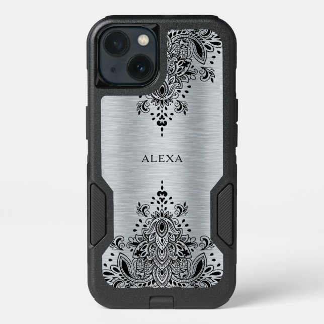 Black paisley lace metallic silver background otterbox iPhone case (Back)