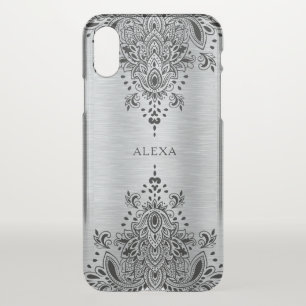 Black paisley lace metallic silver background iPhone XS case