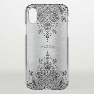 Black paisley lace metallic silver background iPhone XS case