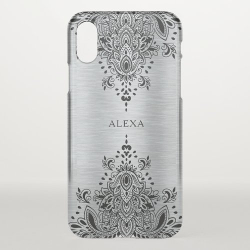 Black paisley lace metallic silver background iPhone XS case