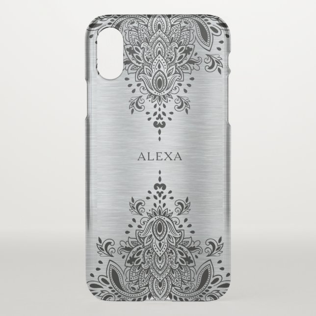Black paisley lace metallic silver background uncommon iPhone case (Back)