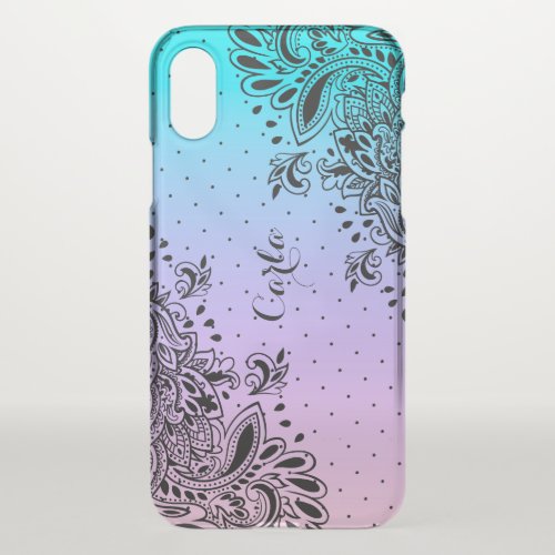 Black paisley lace on blue to purple ombre iPhone x case