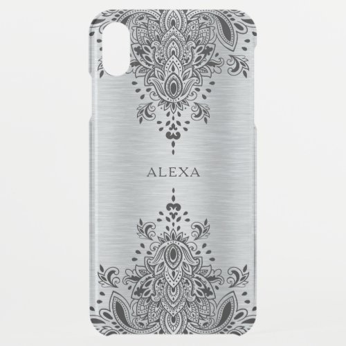 Black paisley lace on gray metallic background iPhone XS max case