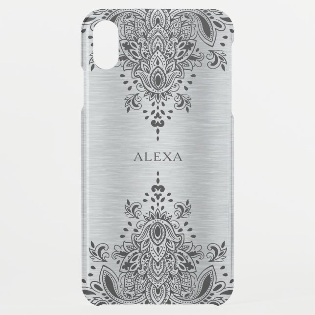 Black paisley lace on gray metallic background uncommon iPhone case (Back)