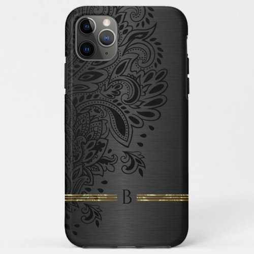 Black paisley mandala gray metallic background iPhone 11 pro max case