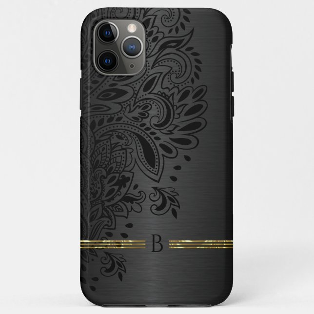 Black paisley mandala gray metallic background Case-Mate iPhone case (Back)
