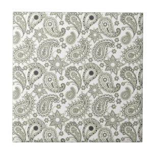 Black Paisley on White Tile