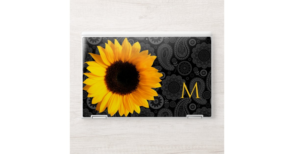 Black Paisley Pattern and Sunflower Monogrammed HP Laptop Skin | Zazzle