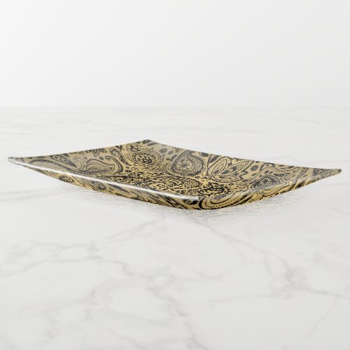 Black Paisley Pattern on Gold Background Trinket Tray