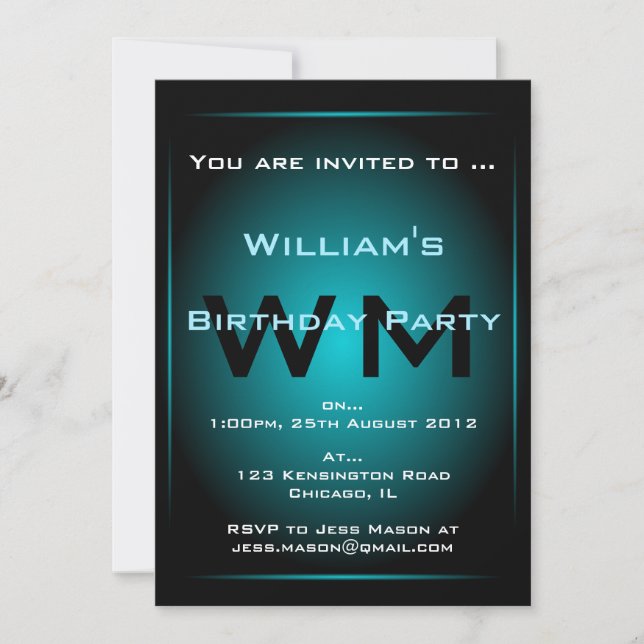 Black & Pale Blue Glow Monogram Sci-fi  Invitation (Front)