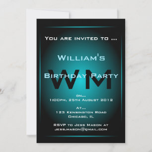 Black & Pale Blue Glow Monogram Sci-fi  Invitation