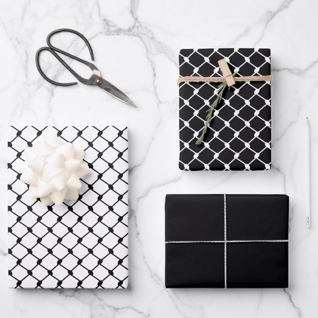 Black Palestinian Keffiyeh Pattern Design Wrapping Paper Sheets (Front)