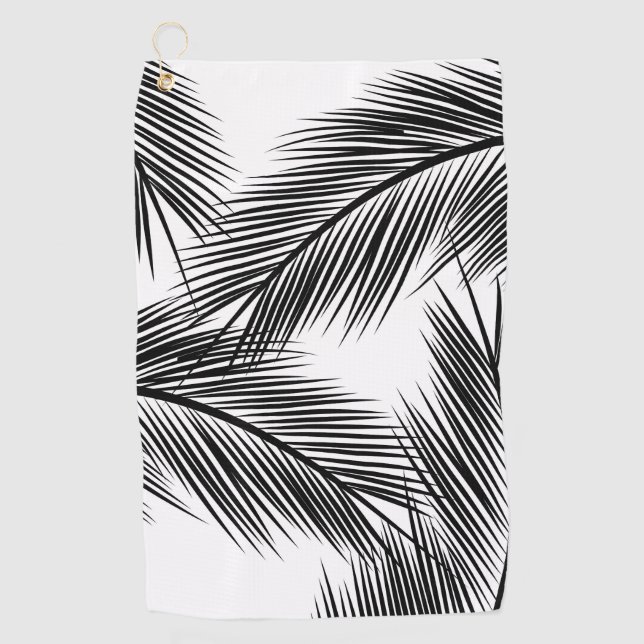 Black palm leaves on white background golf towel (Front)